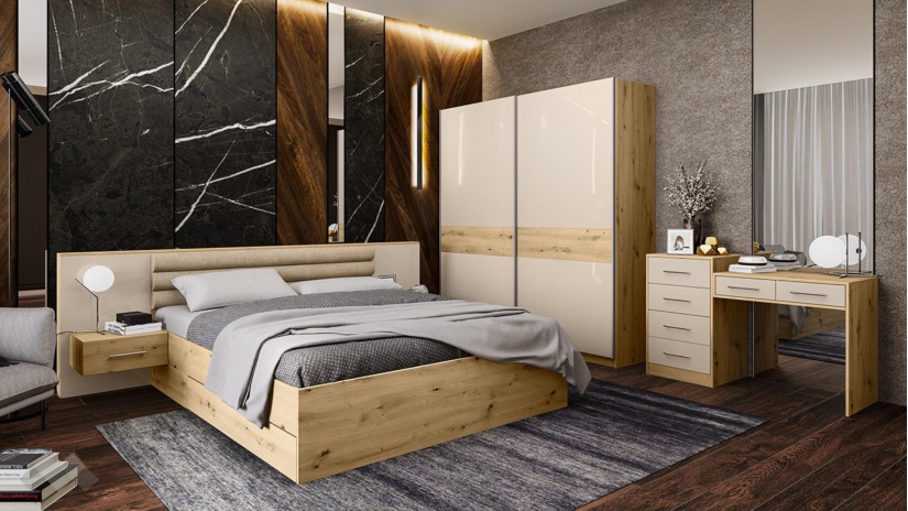 Спалня с нощни шкафчета 160/200 Бедфорд с включен матрак Бонел 160/200 артизан с кашмир гланц - изглед 6